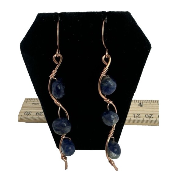 Copper Waves Dangle Earrings  With Blue Soda Lite Beads French Hook Handmade - Picture 2 of 5